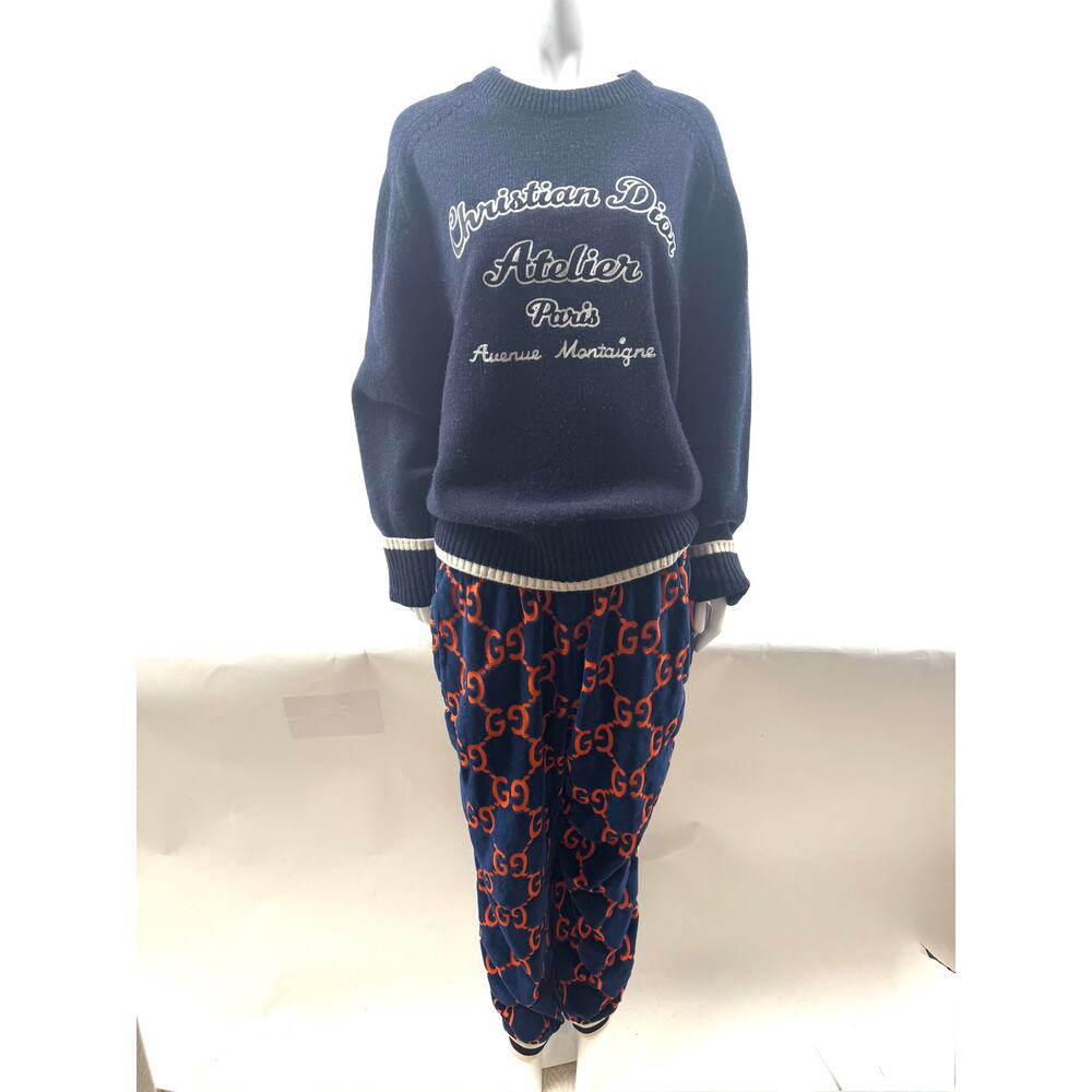 Gucci GG Velour Jogger Pants Size L Navy Orange Monogram Waffle Knit Sweatpants - Picture 15 of 15